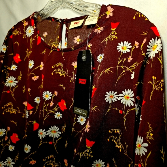 NWT Levi's Womens Brown Floral Polyester Long Sleeve Blouson Top Blouse Small - Picture 2 of 12